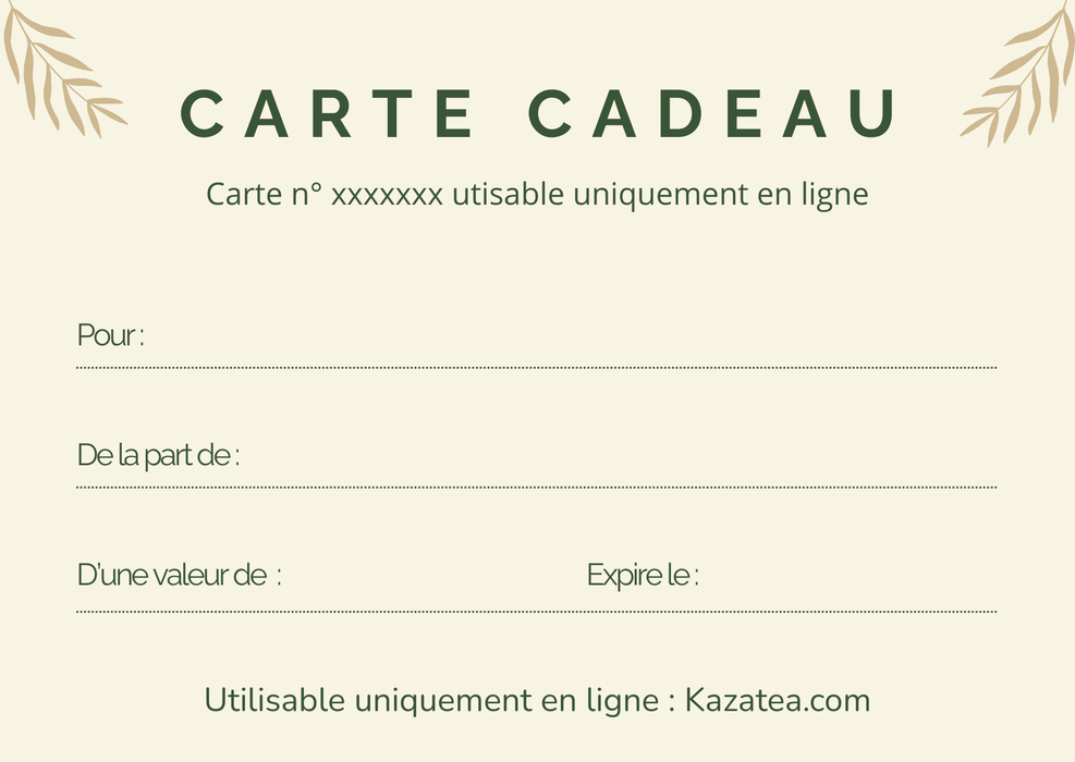 Carte cadeau Kazatea : Offrez une expérience unique de dégustation de Thés et Tisanes